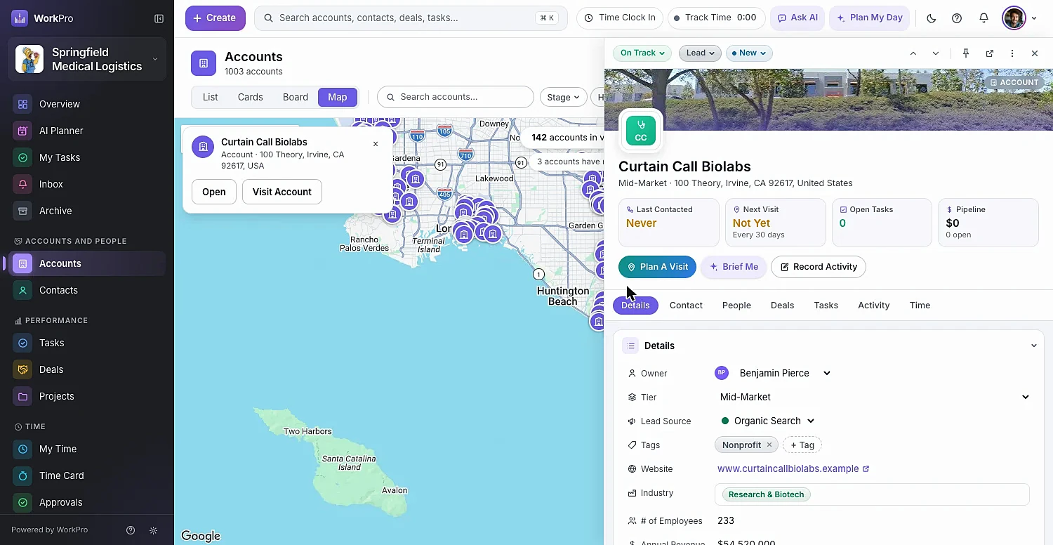 Accounts on a map with one account open in the side pane