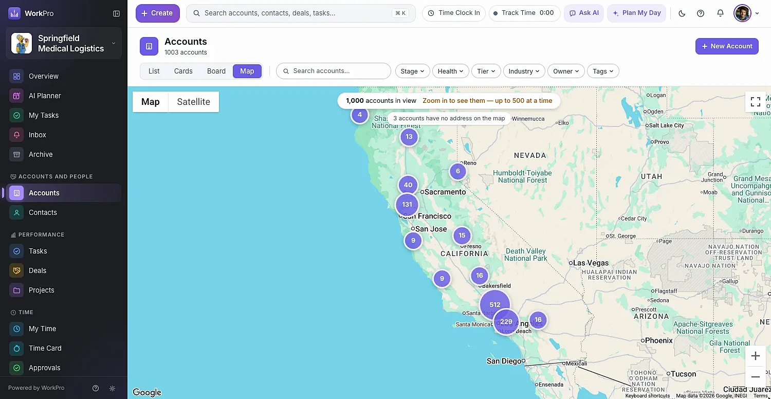 WorkPro map view with accounts plotted in numbered clusters
