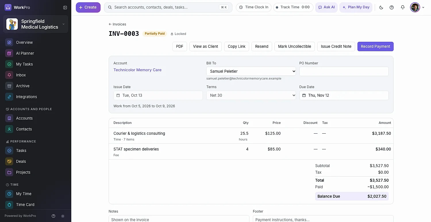 A WorkPro invoice with time and fee line items, a partial payment recorded and the remaining balance due