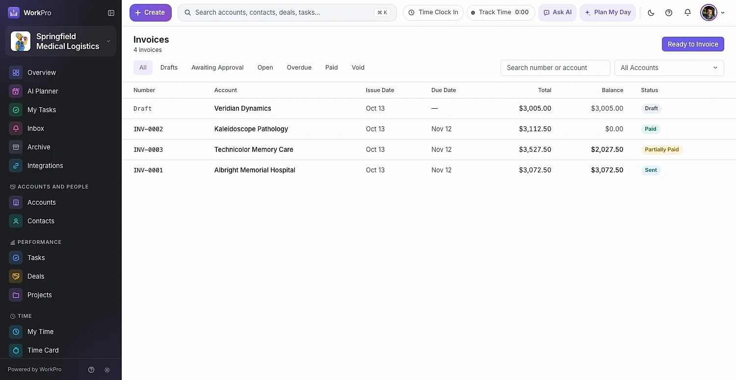 The WorkPro invoices list with status tabs and totals