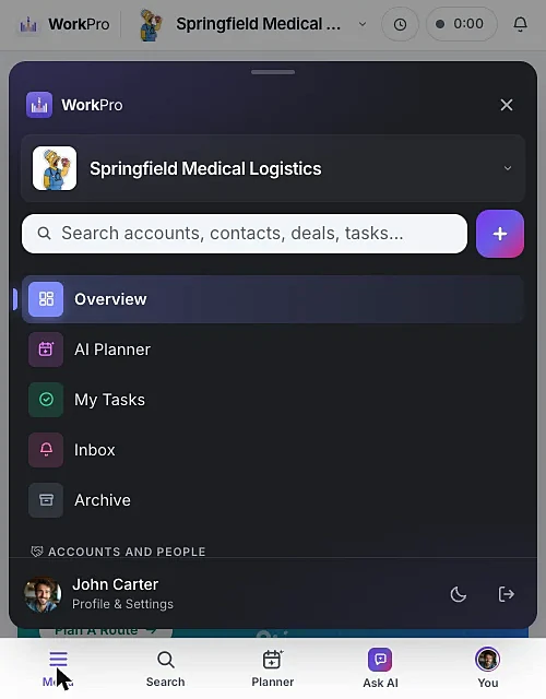 The WorkPro footer menu open on a phone