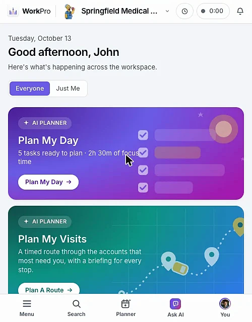WorkPro Overview on a phone with AI Planner cards and a bottom navigation bar