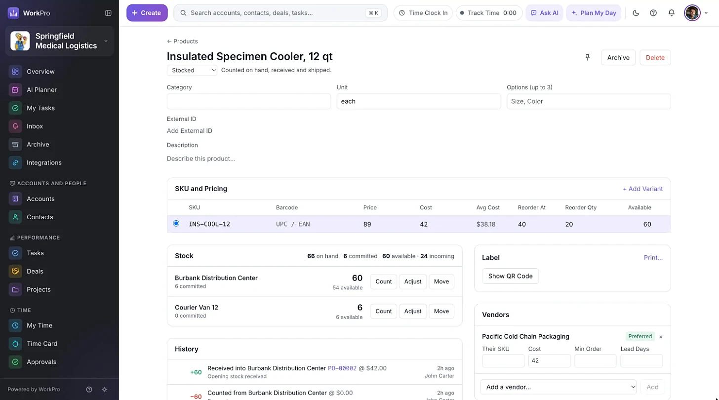 A WorkPro product page with variants and stock at each location