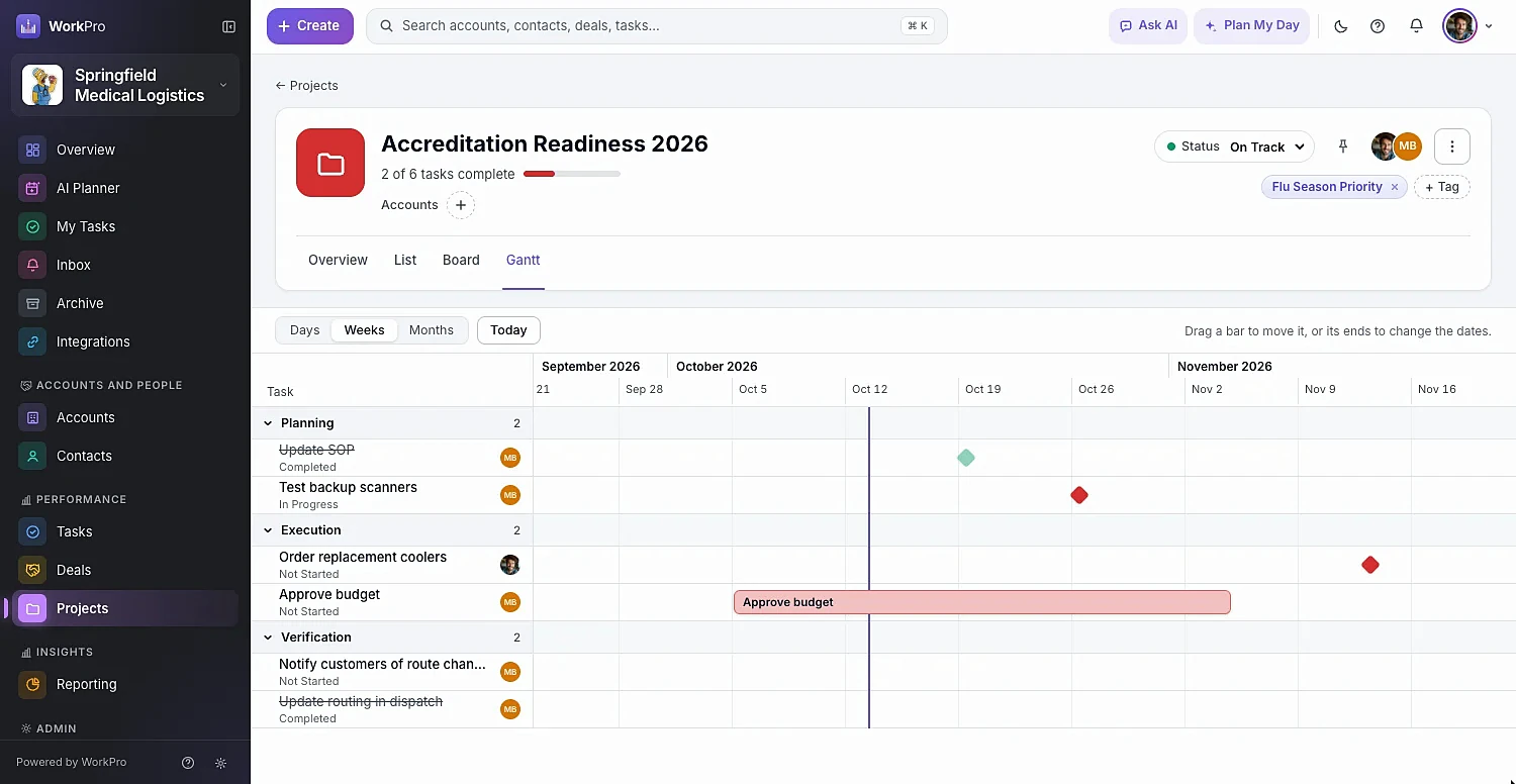 A WorkPro project Gantt chart with task bars by section and a line marking today