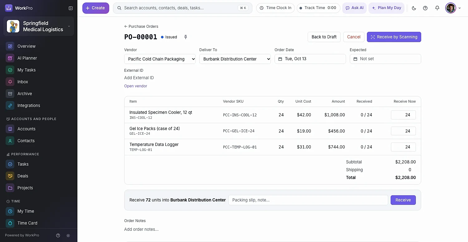 An issued WorkPro purchase order ready to receive