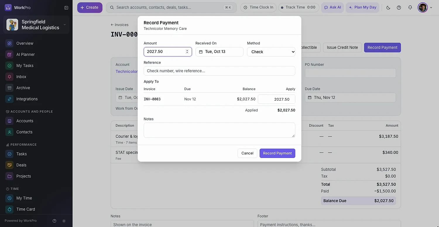 The Record Payment dialog with Apply To and Apply Oldest First options