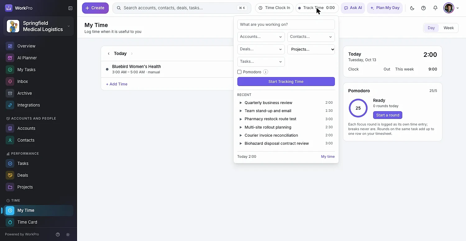 The WorkPro timer menu with recent work and Pomodoro